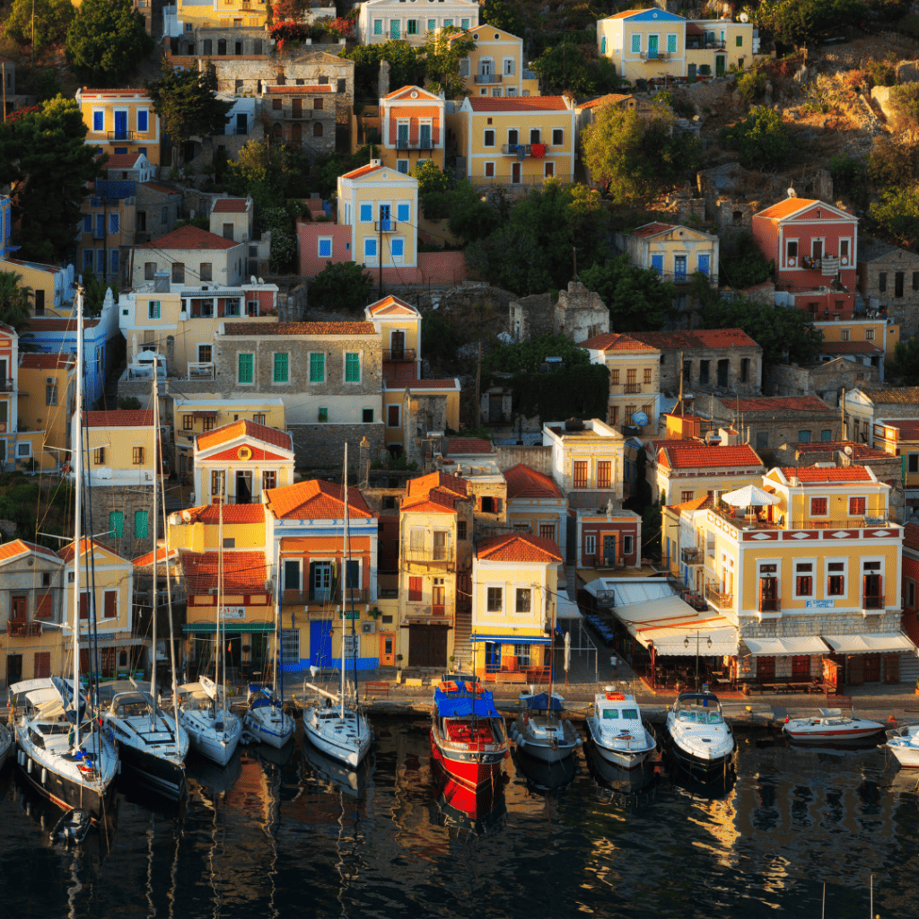Symi island harbor colorful houses Greece