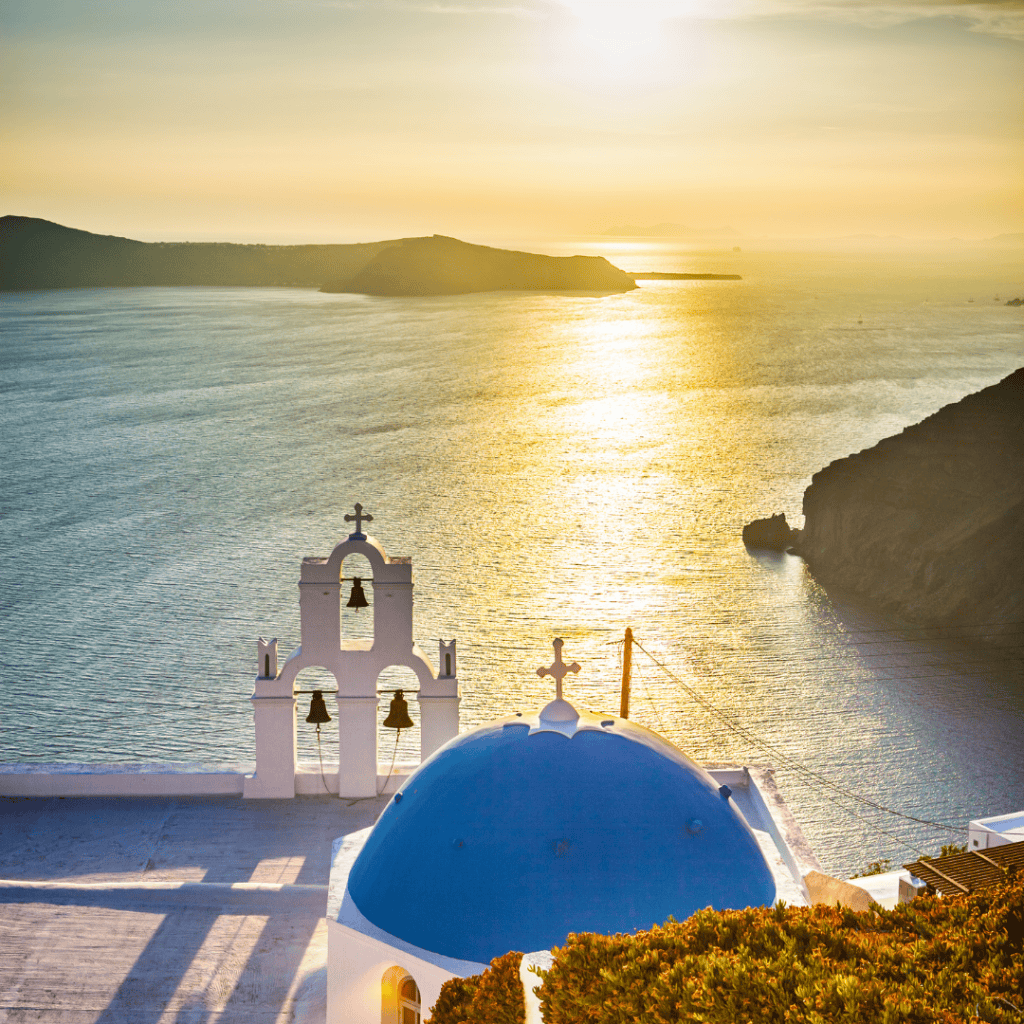 Santorini island Greece sunset view over the caldera